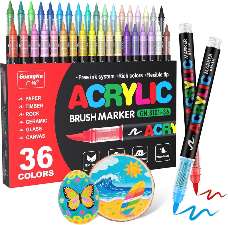 GuangNa Acrylic Paint Markers Brush Tip, 36 Vivid Colors with Direct-Liquid Ink Control System, Professional-Grade Paint Pen for Rock Painting, Canvas, Glass, Plastic, Fabric, Eggs - Image 1